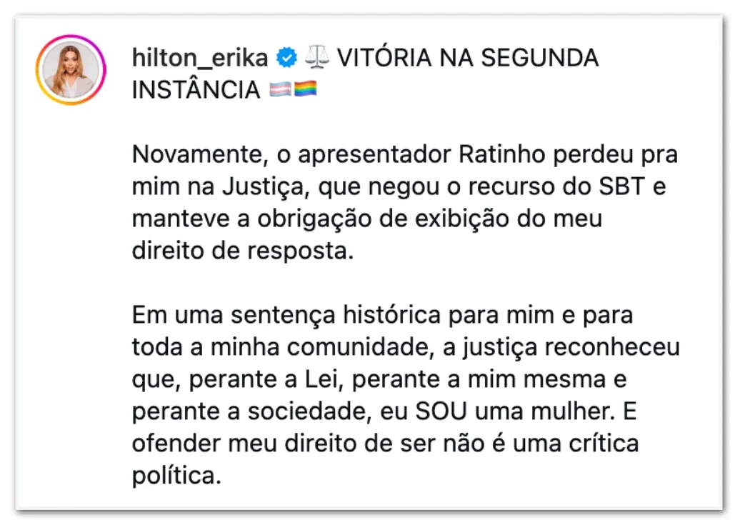 TJ-SP mantém direito de resposta de Erika Hilton no “SBT”