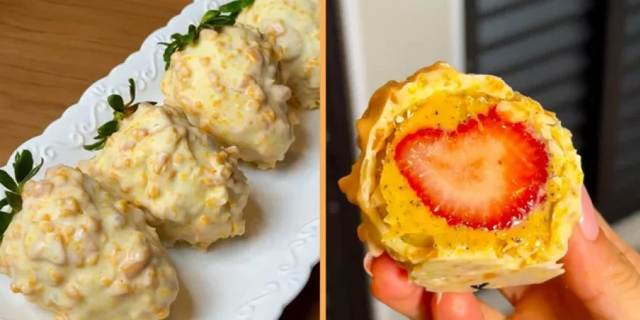 Bombom de morango com brigadeiro de maracujá