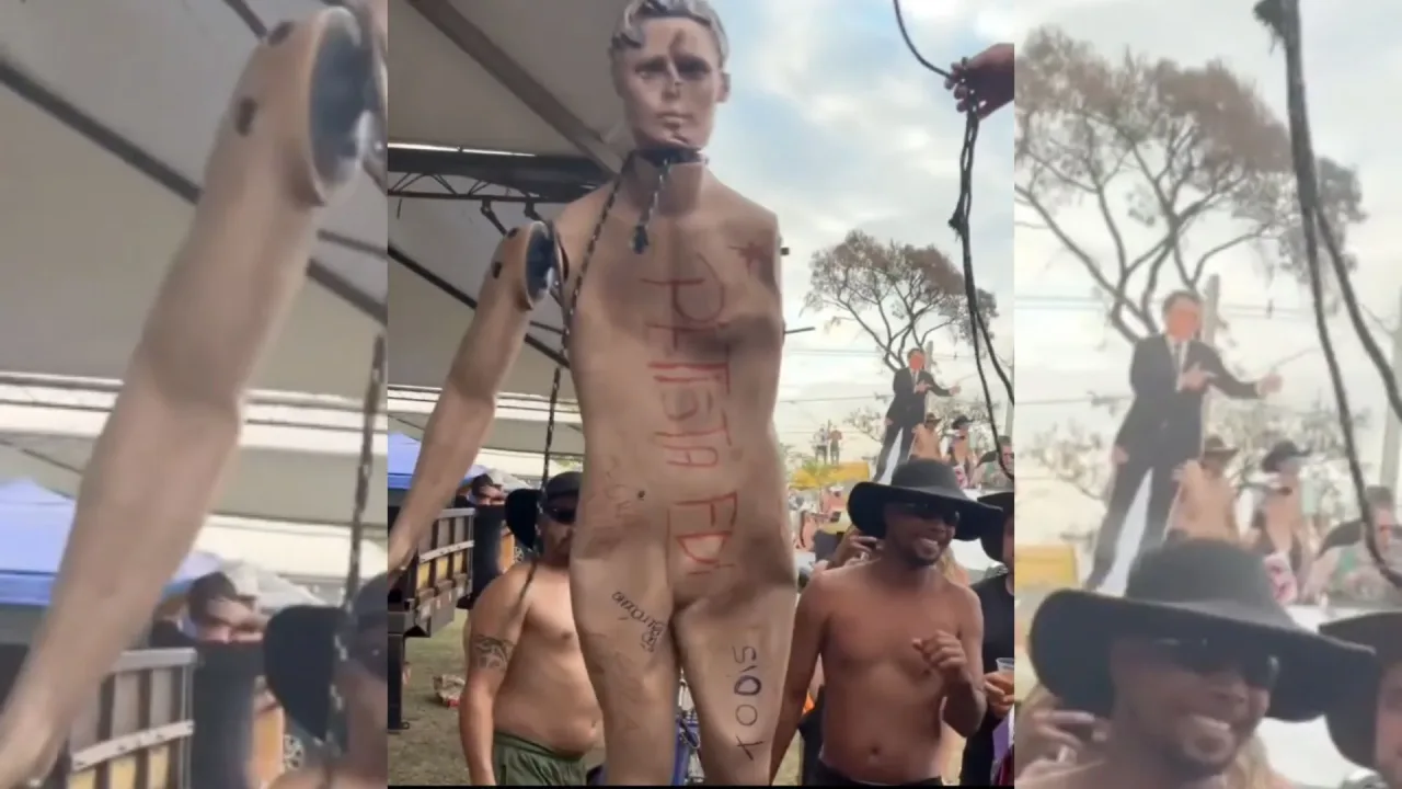 Em Barretos, grupo simula enforcamento de boneco “petista”