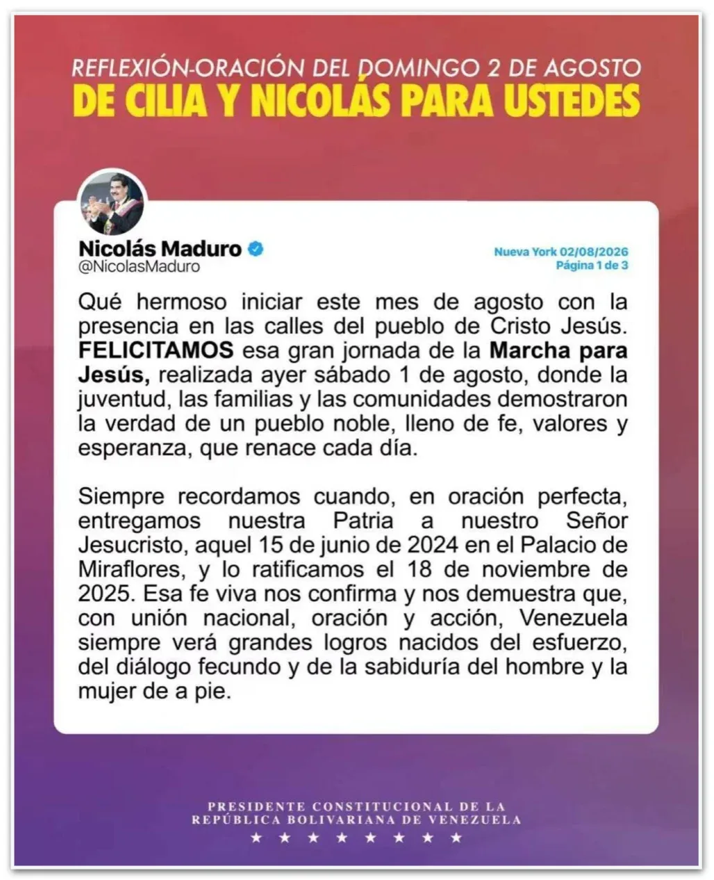 Perfil de Maduro pede diálogo para consolidar a paz na Venezuela