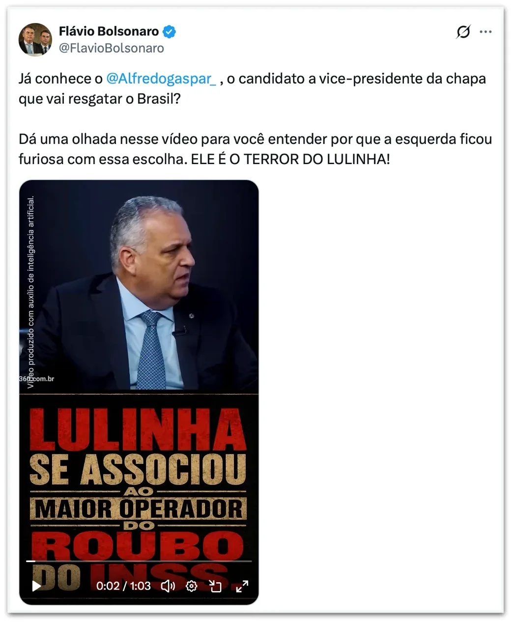 Flávio posta vídeo apresentando vice: “O terror do Lulinha”