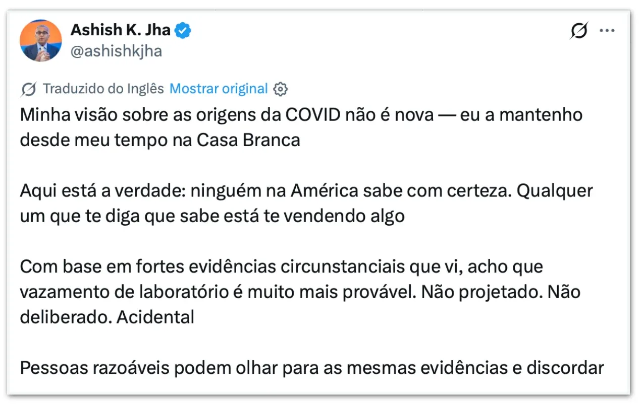 Ex-assessor de Biden vê origem provável da covid em laboratório