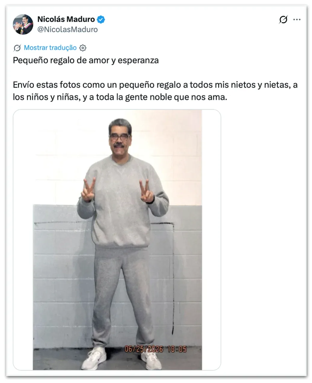 Perfil de Maduro publica fotos do venezuelano na prisão