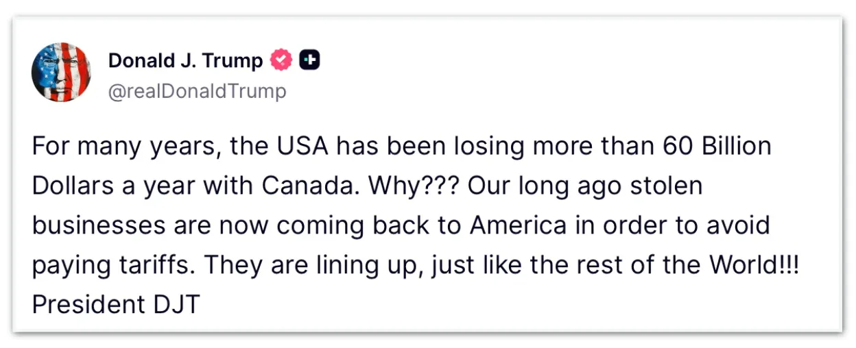 Trump diz que EUA perdem mais de US$ 60 bi por ano com o Canadá
