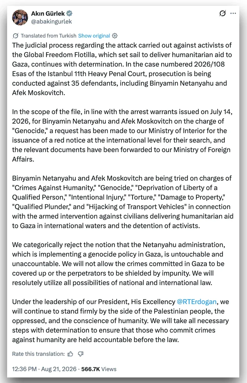 Turquia pede prisão internacional de Netanyahu por flotilha