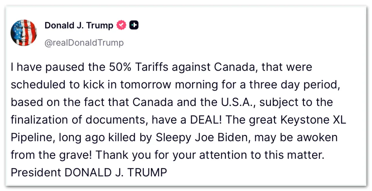 Trump suspende tarifas de 50% sobre produtos do Canadá por 3 dias