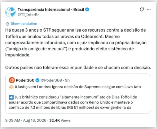 Outros países não toleram impunidade, diz ONG sobre Toffoli