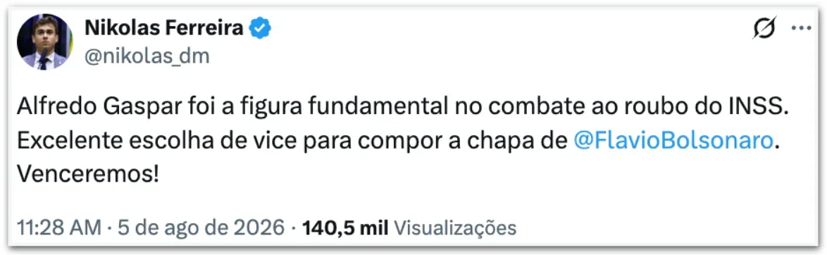 Aliados elogiam escolha de Alfredo Gaspar como vice de Flávio