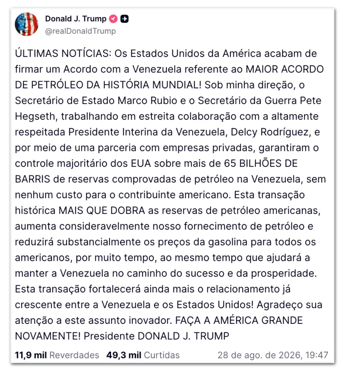 “Maior acordo de petróleo da história”, diz Trump sobre a Venezuela