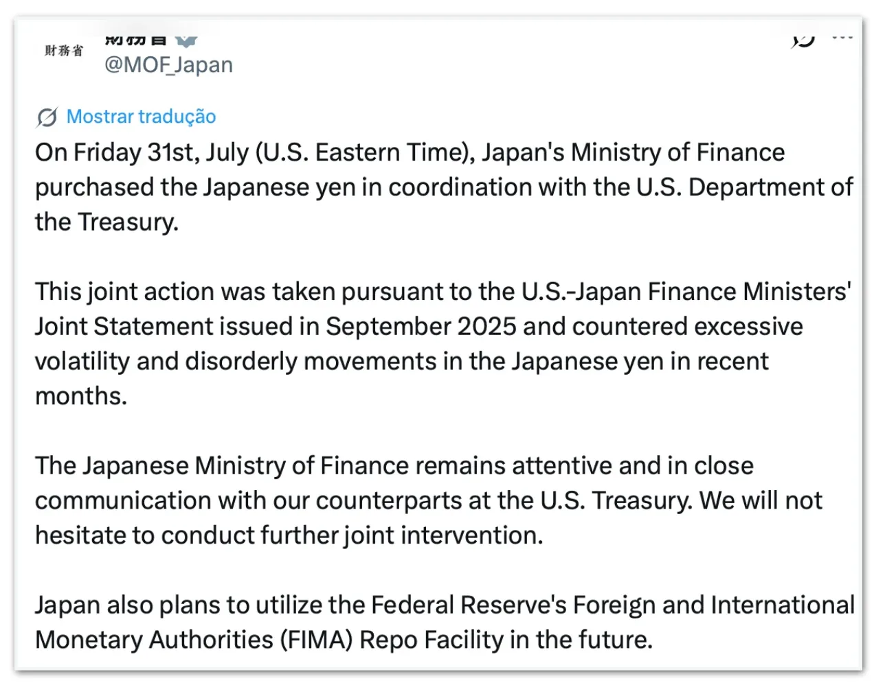 Japão e EUA confirmam intervenção conjunta na compra de ienes