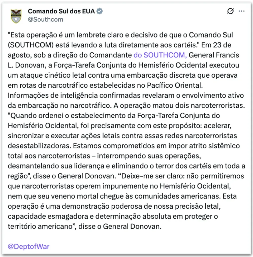 EUA matam 2 traficantes em ataque contra embarcação no Pacífico