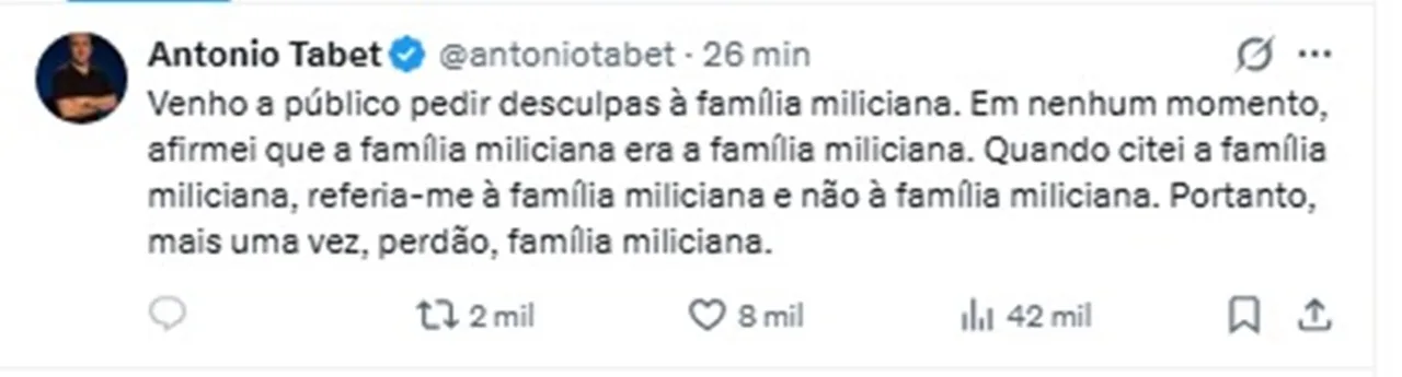 Tabet ironiza repercussão de post sobre Flávio: "Perdão, família miliciana"