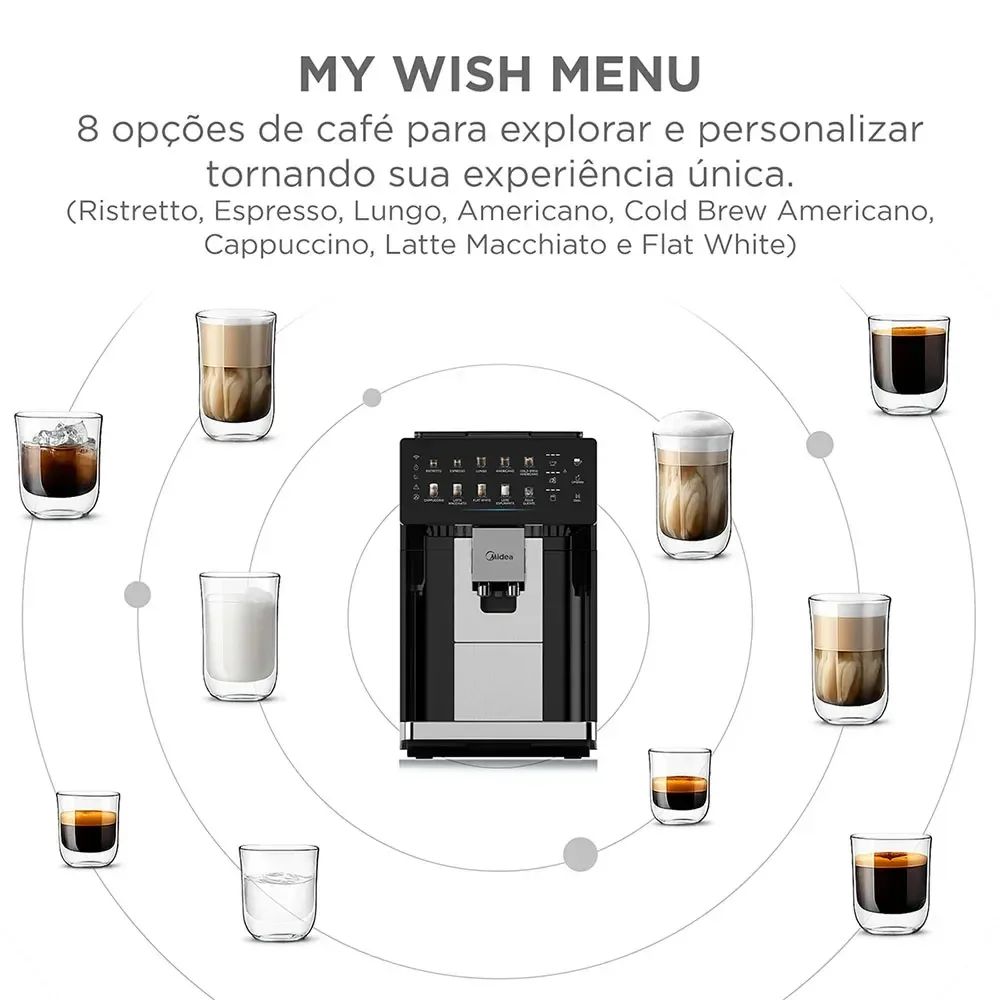 Cafeteira Midea mói grãos na hora e prepara 8 receitas automaticamente