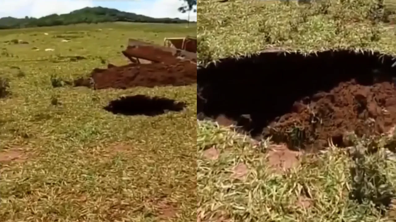 Crateras gigantes surgem em pasto e deixam trator parcialmente “engolido” em Mato Grosso