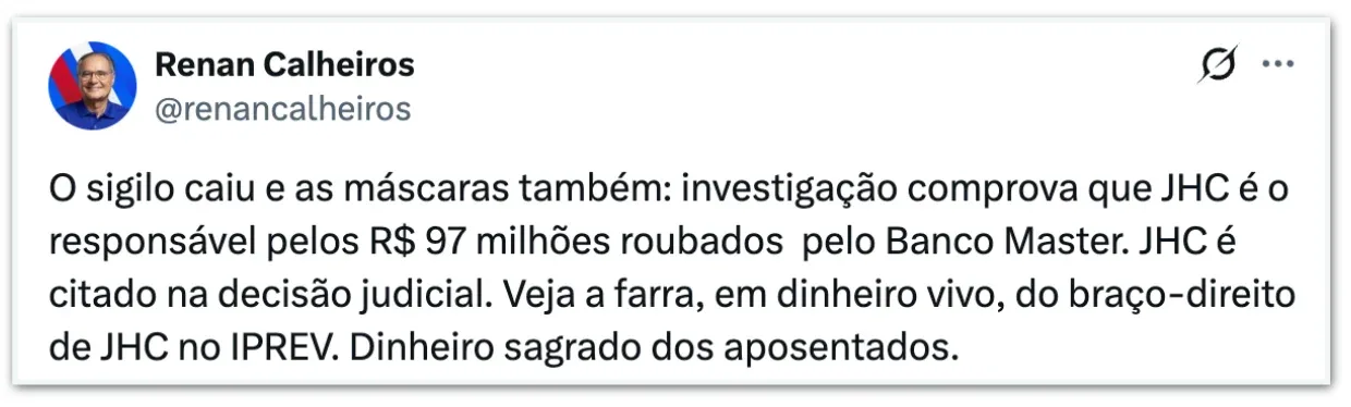 Previdência de Maceió aplicou R$ 97 mi no Master na gestão de JHC, diz PF