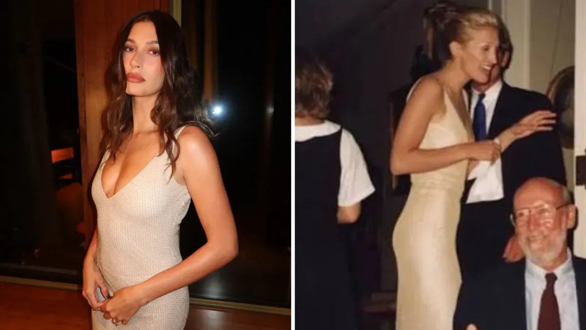 Hailey Bieber surge com vestido usado por Carolyn Bessette Kennedy em 1996