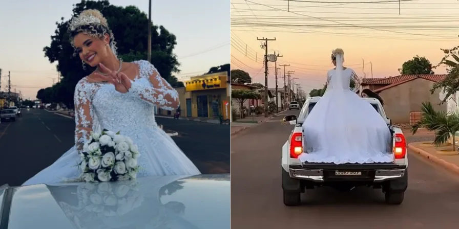 Vestido não cabe no carro e noiva vai para casamento na carroceria de caminhonete em Sucupira do Norte