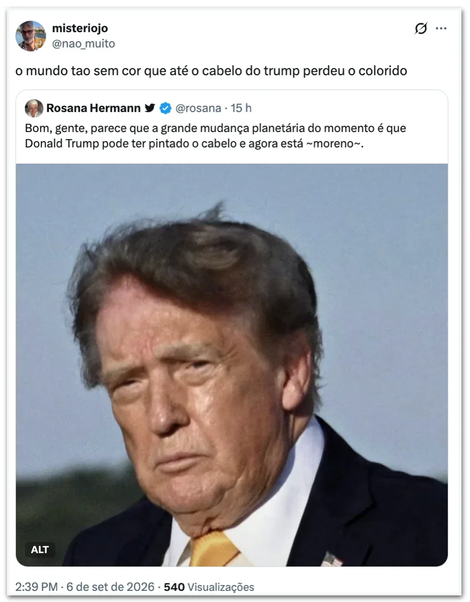 Trump aparece com cabelo mais escuro e vira piada nas redes