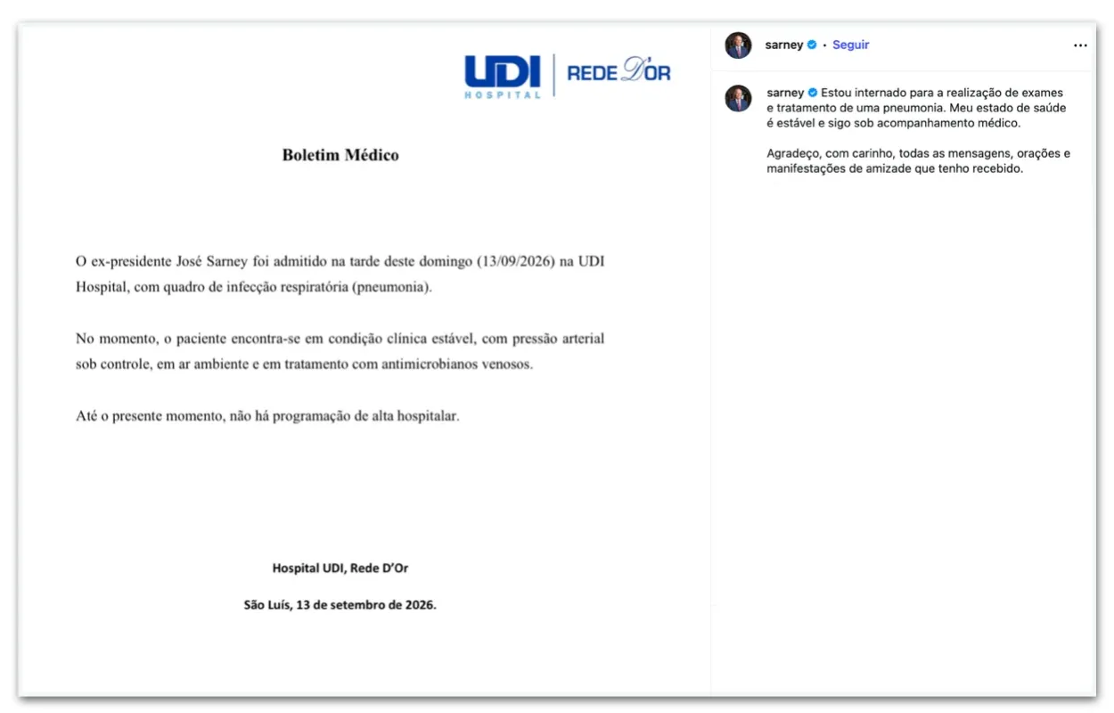 José Sarney é internado com pneumonia em São Luís