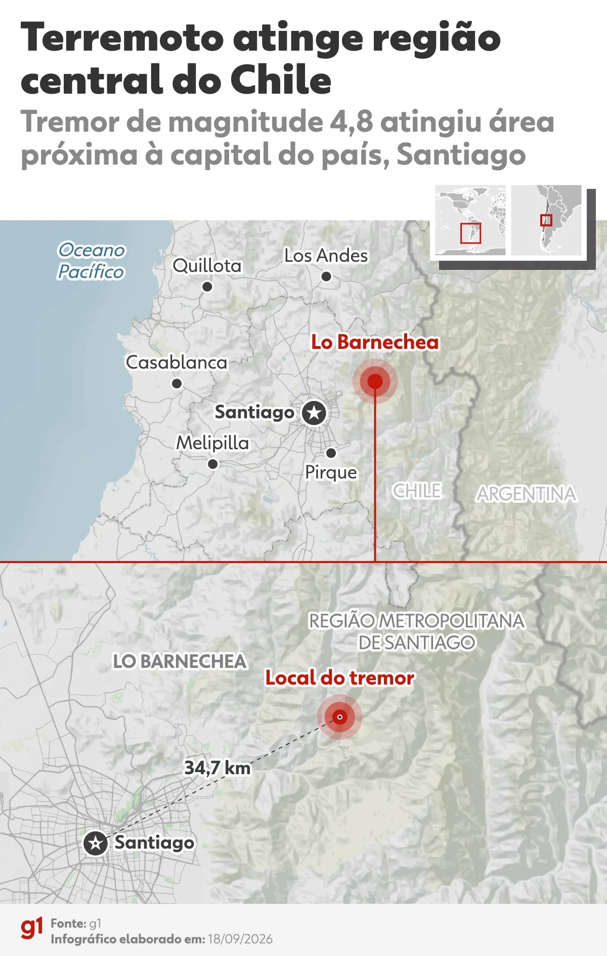 Terremoto de magnitude 4,8 atinge região metropolitana de Santiago, no Chile