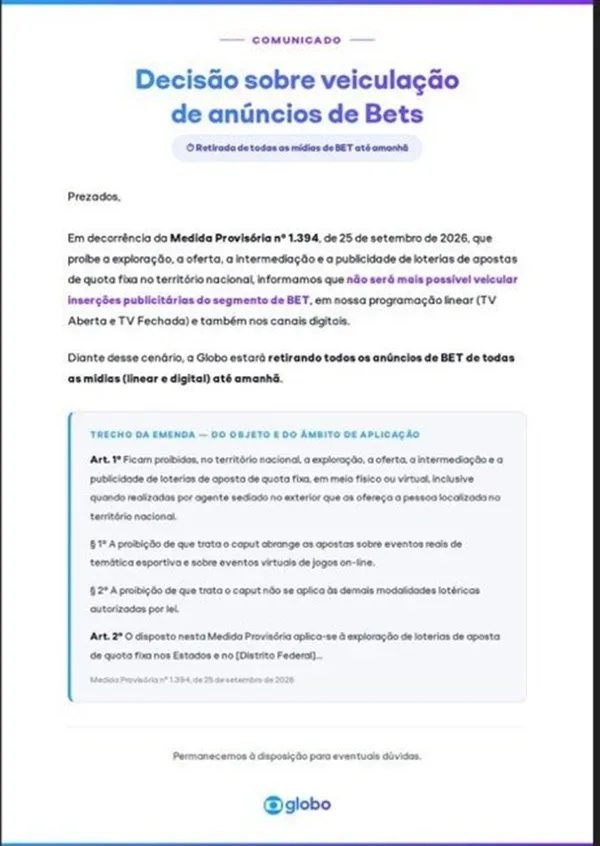 Após proibição das bets, Globo se movimenta e envia comunicado às afiliadas