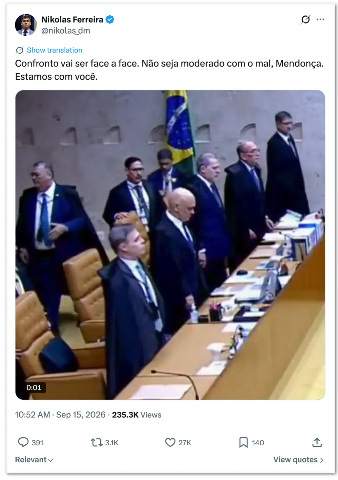 Nikolas declara apoio a Mendonça: “Não seja moderado com o mal”