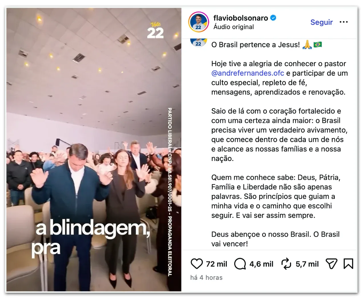 Antes de 7 de setembro, Flávio vai a culto: “Coração fortalecido”
