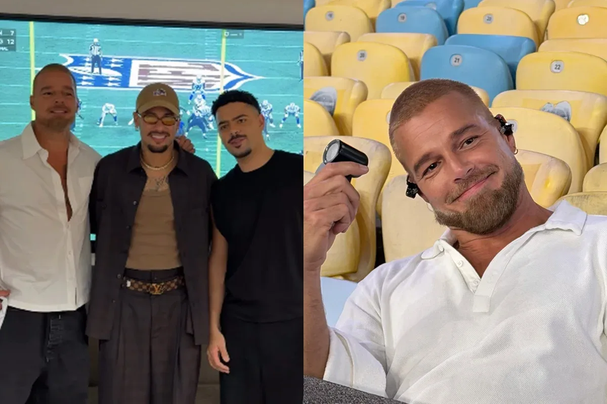 Ricky Martin posa com Neymar e Pedro Sampaio antes de show da NFL