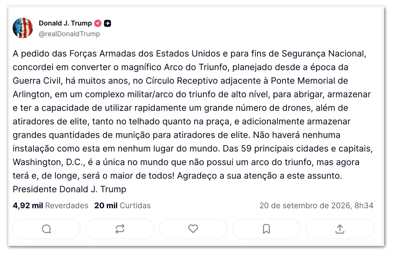 Trump quer transformar “Arco do Triunfo” de Washington em base militar