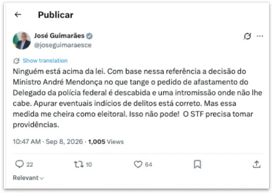 Afastamento do diretor da PF é “intromissão”, diz José Guimarães