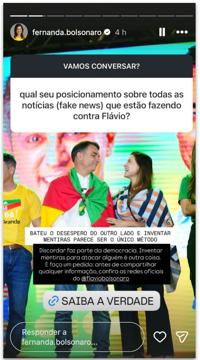 Mulher de Flávio diz que “inventar mentiras” é diferente de discordar