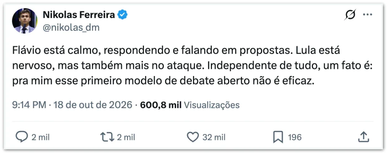 Nikolas critica modelo de debate da “Band”: “Não é eficaz”