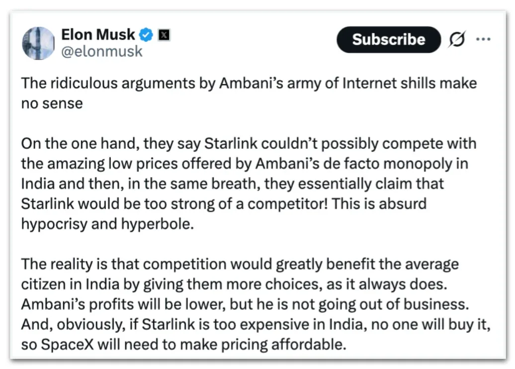 Musk fala em Starlink “acessível” na Índia em disputa com Ambani