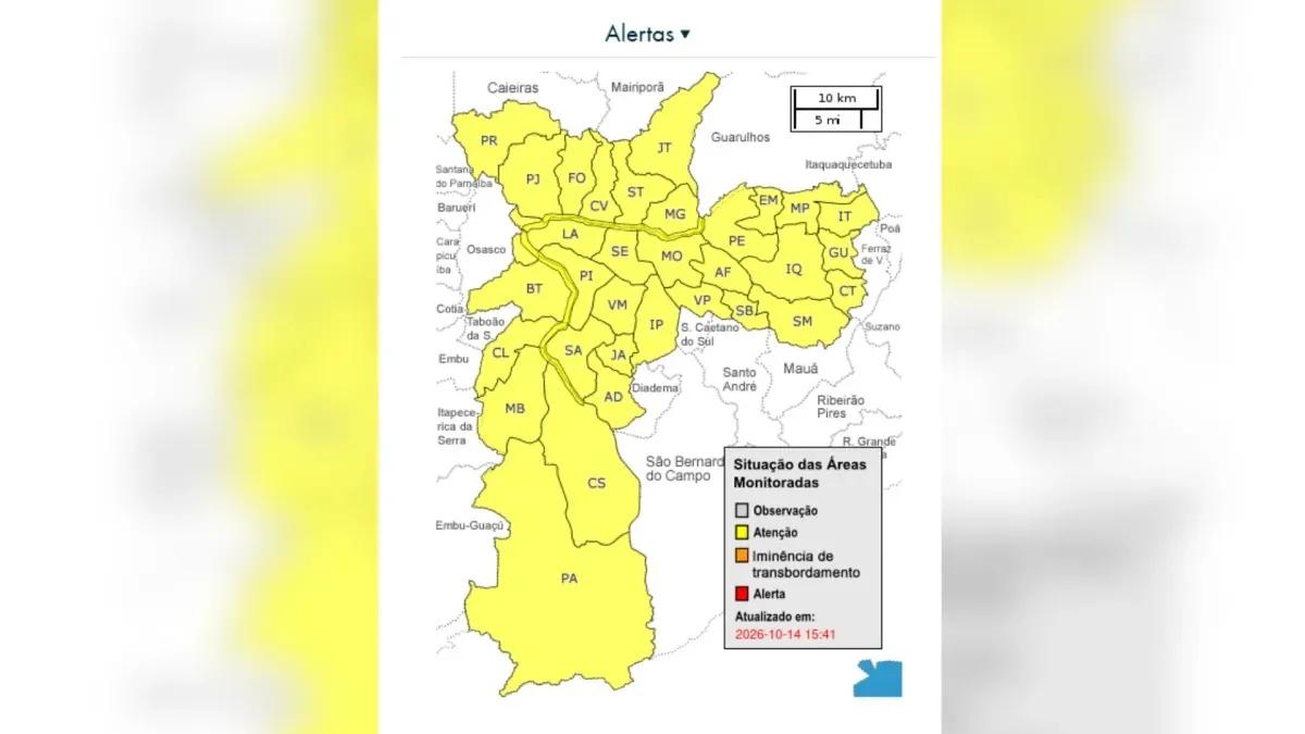São Paulo recebe alerta severo de chuva com raios, ventos e risco de granizo