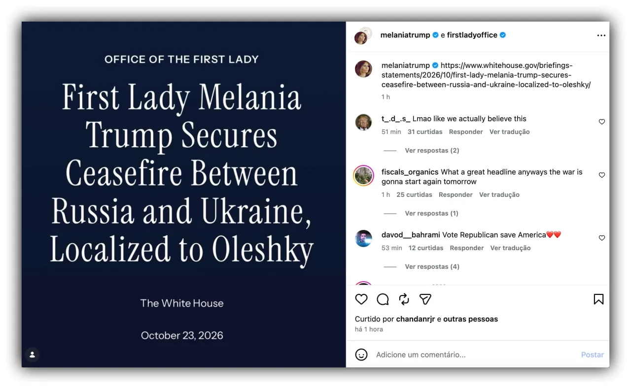 Casa Branca diz que Melania fechou cessar-fogo entre Rússia e Ucrânia