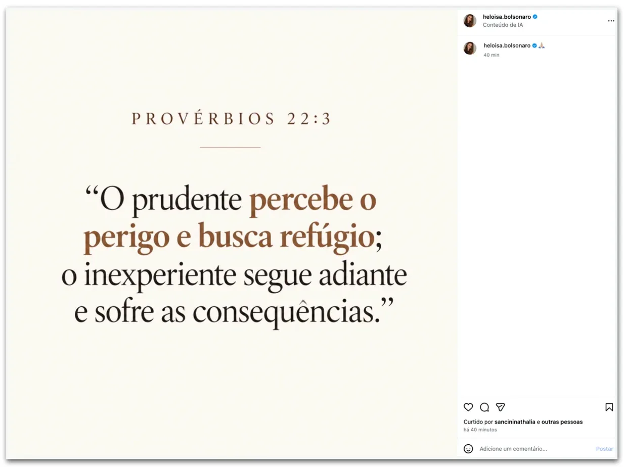 Mulher de Eduardo posta versículo sobre refúgio após saída de Flávio