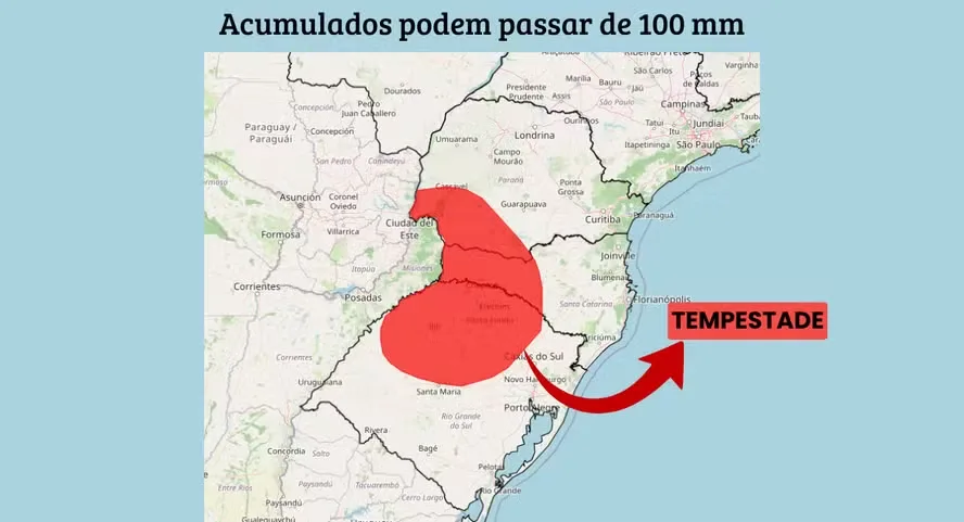 ALERTA: Chuva de até 100 mm, granizo e ventos de 100 km/h colocam cinco estados em risco