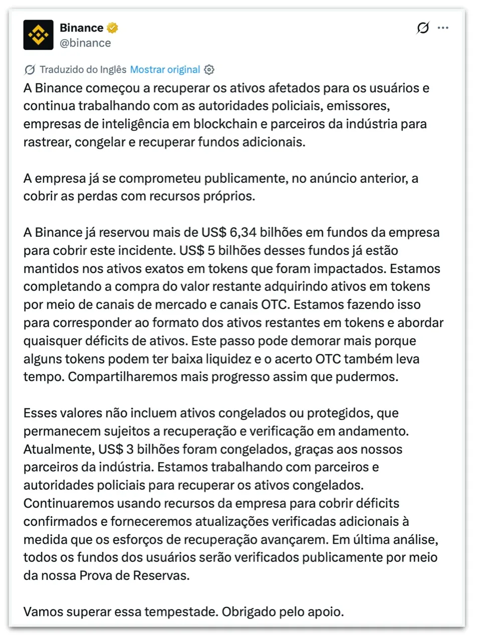 Binance diz que “começou a recuperar” os US$ 6,3 bi roubados