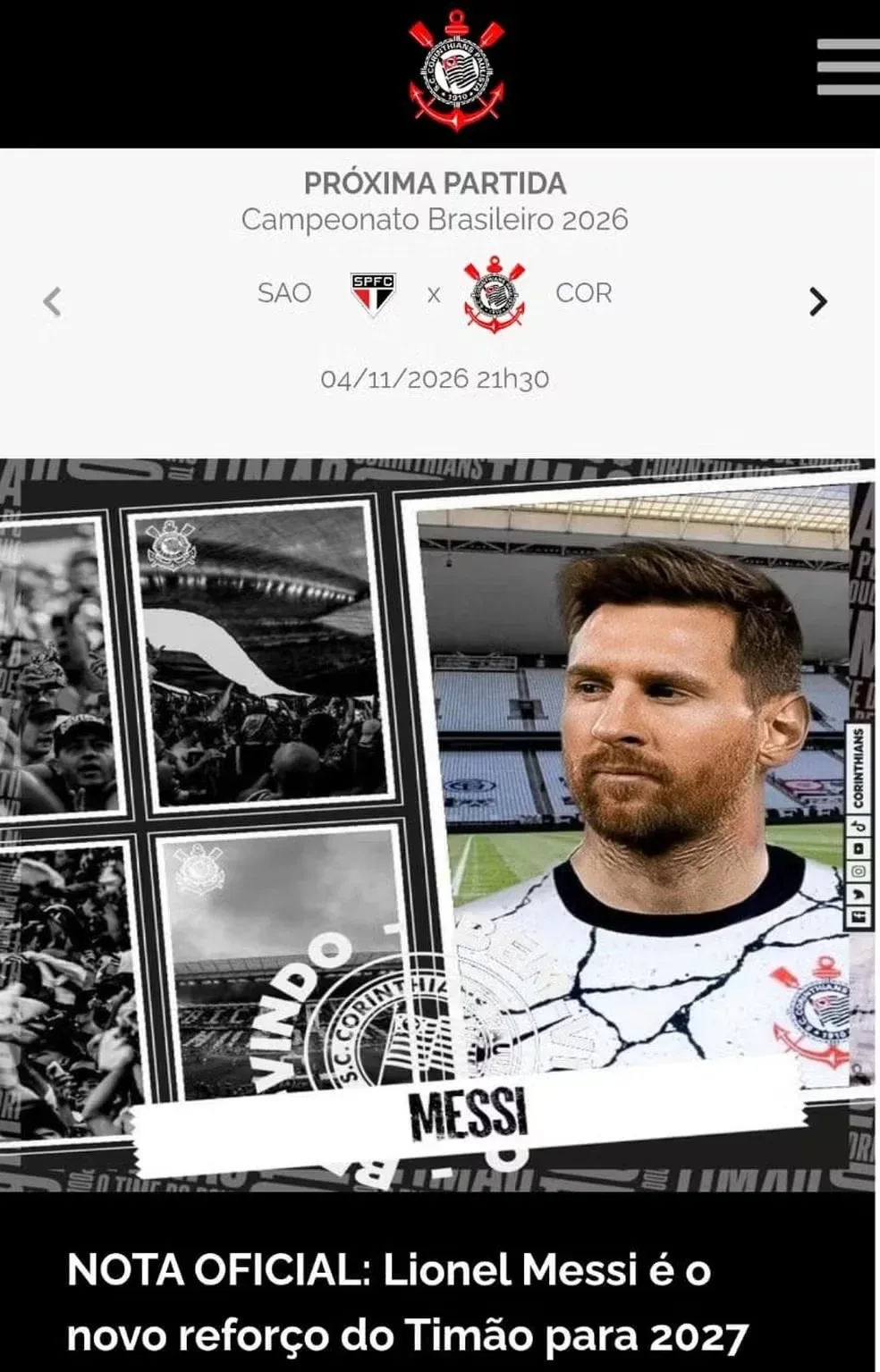 Corinthians se posiciona após ter site hackeado e anunciar ‘contratação’ de Messi; leia