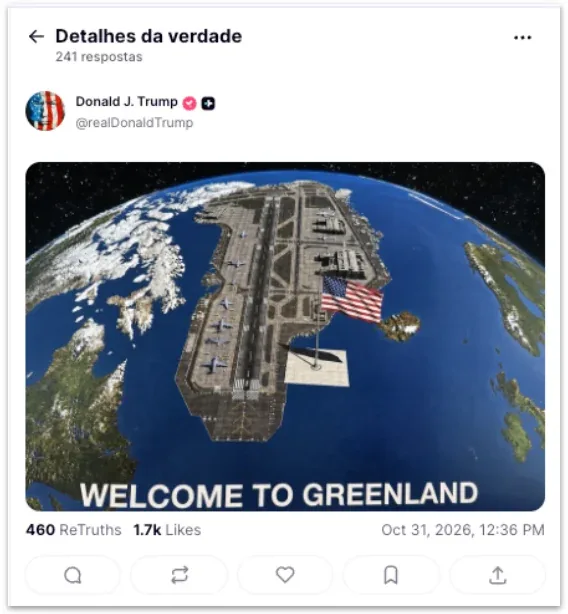 Trump posta imagem com Groenlândia como um porta-aviões dos EUA