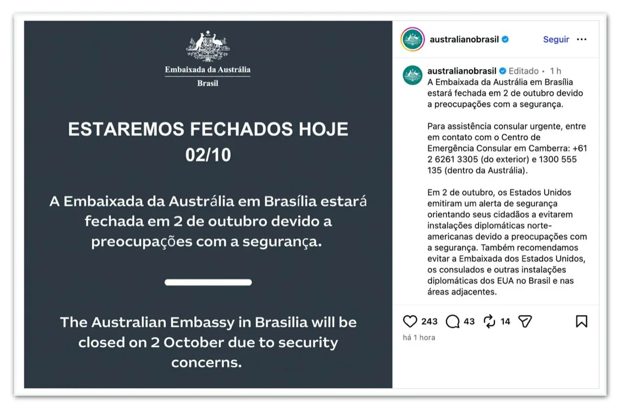 Embaixada da Austrália suspende serviços após alerta de segurança dos EUA