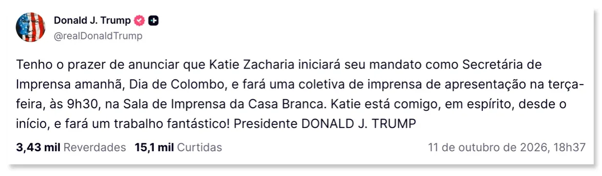 Trump anuncia ex-Trump Media como secretária de Imprensa da Casa Branca