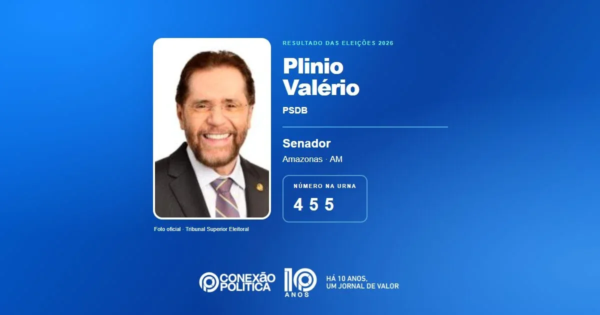 Eleições 2026: Plinio Valério, do PSDB, é eleito senador no AM com 948.793 votos