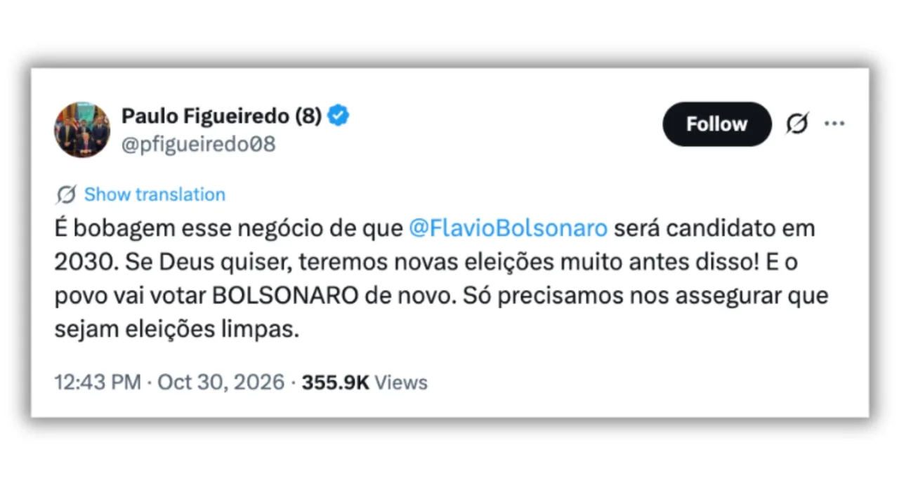 “Teremos novas eleições muito antes”, diz Figueiredo sobre Flávio em 2030