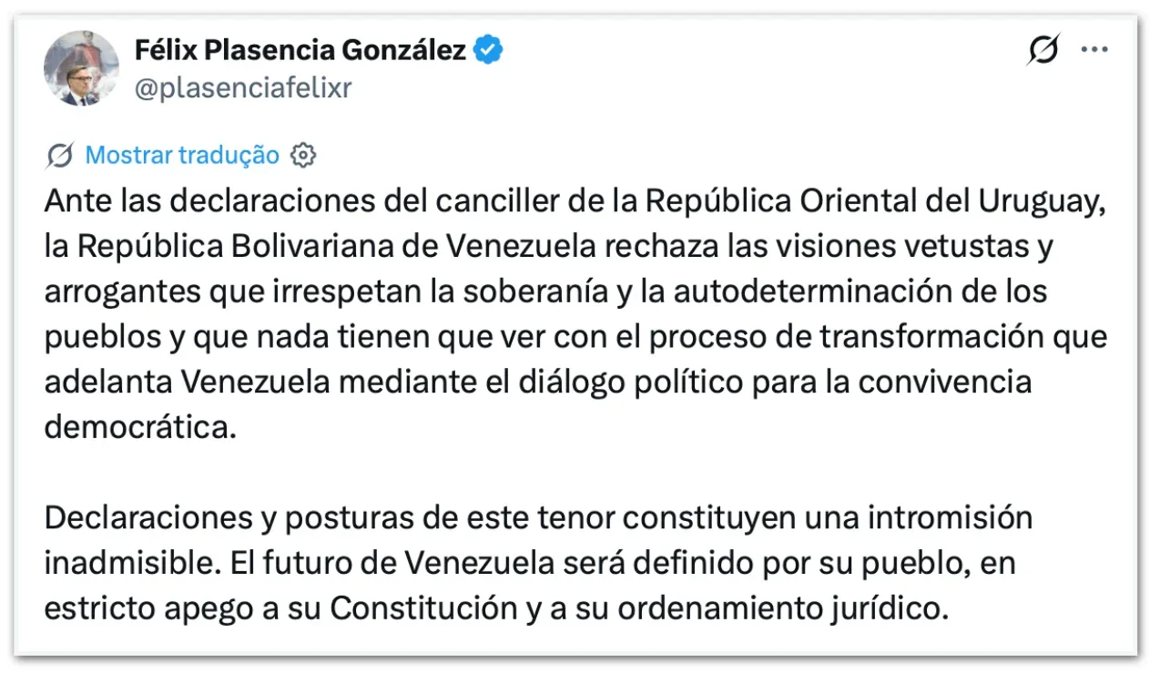 Venezuela acusa chanceler do Uruguai de “ingerência inadmissível”