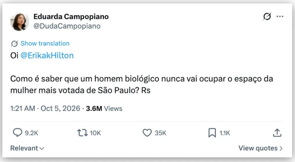 MP pede condenação de Campopiano por transfobia contra Erika Hilton