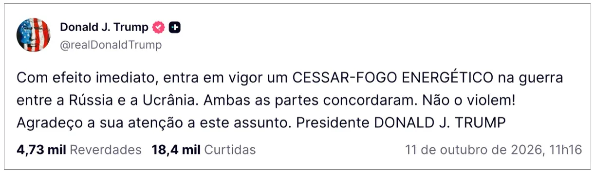 Ucrânia e Rússia concordaram com “cessar-fogo energético”, diz Trump