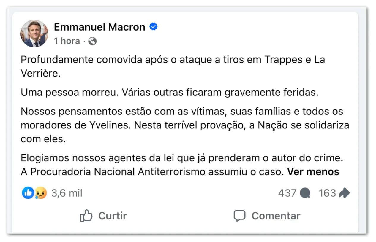 Ataque a tiros deixa 1 morto e 4 feridos na França
