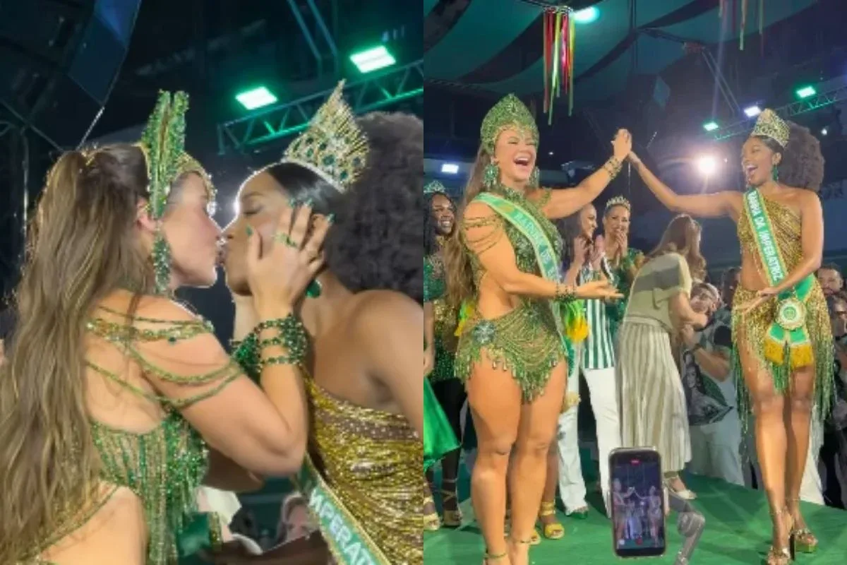 Paolla Oliveira ganha selinho de Iza ao ser coroada rainha da Imperatriz
