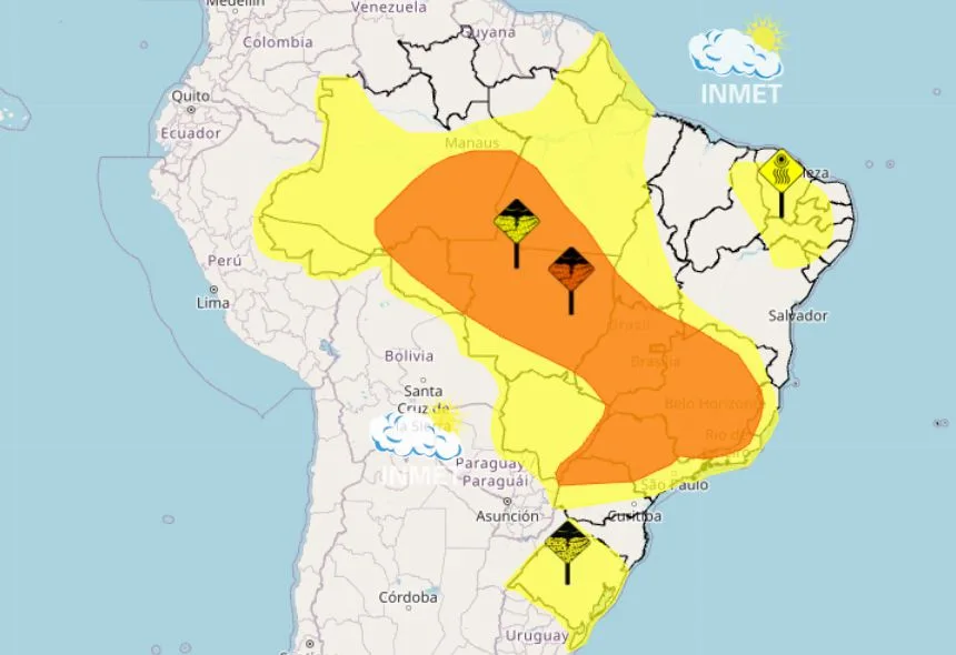 INMET alerta para chuva de até 50 mm e ventos de 60 km/h; veja a previsão para o feriado